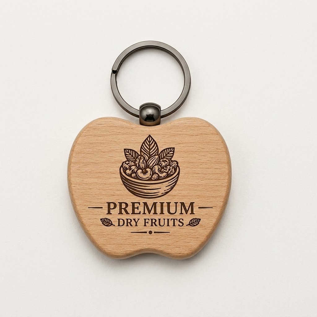 Personalised Apple-Shape Wooden Logo Keychain — Corporate Bulk Gift — close-up detail view showing personalisation and craftsmanship