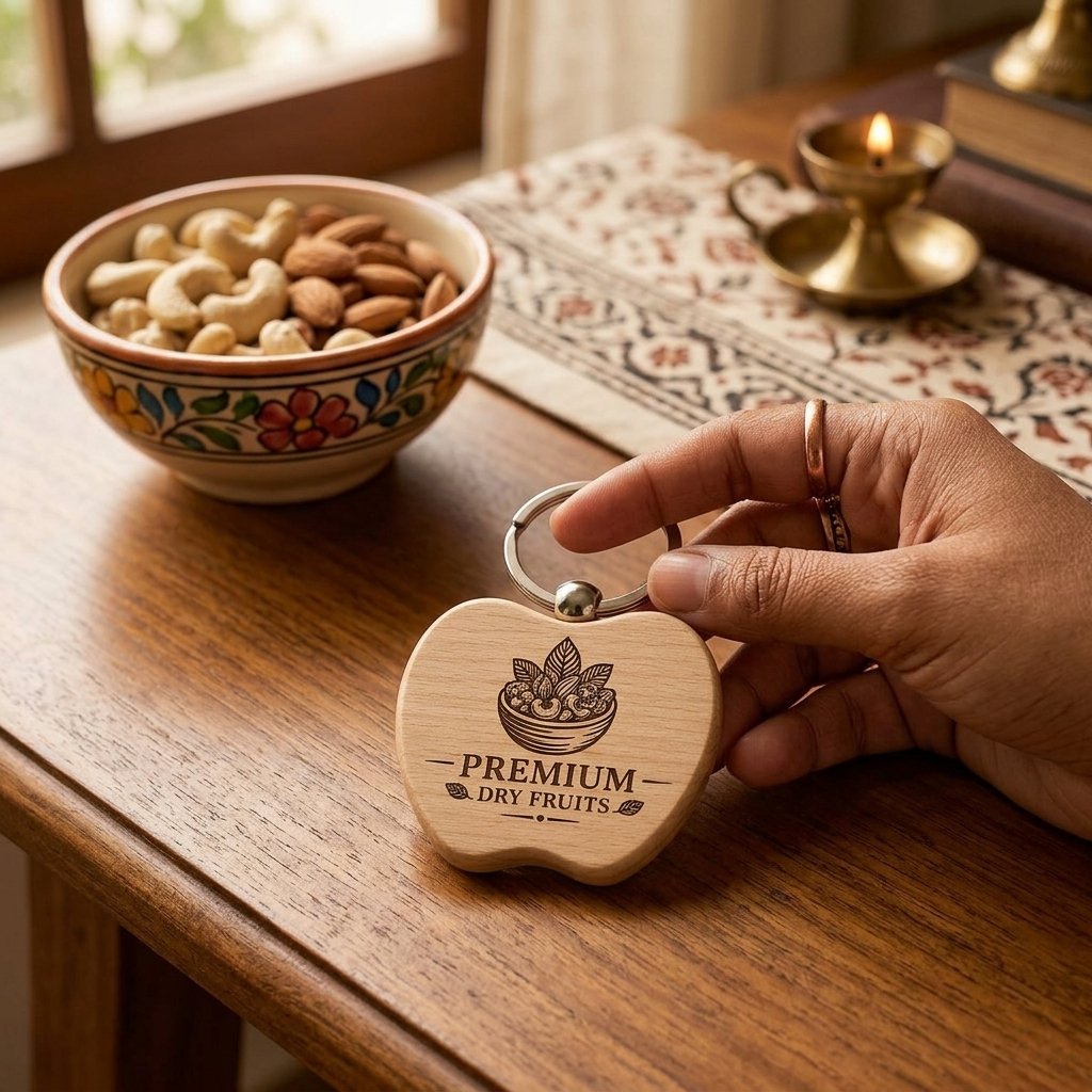 Personalised Apple-Shape Wooden Logo Keychain — Corporate Bulk Gift — lifestyle photo in real gifting setting