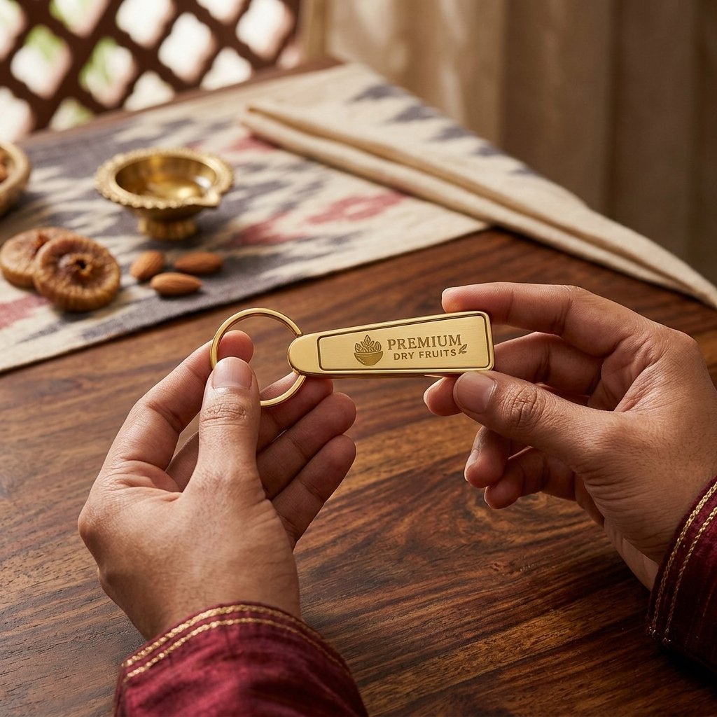 Personalised Bar Metal Logo Keychain (Gold) — Corporate Bulk Gift — lifestyle photo in real gifting setting