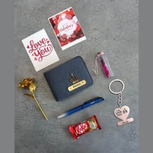 Personalised Denim Wallet, Keychain, Rose & Chocolate Valentine Combo | Anniversary Gift for Him Her