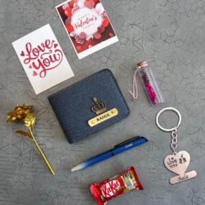 personalised denim wallet keychain rose chocolate valentine combo personalised gift combo