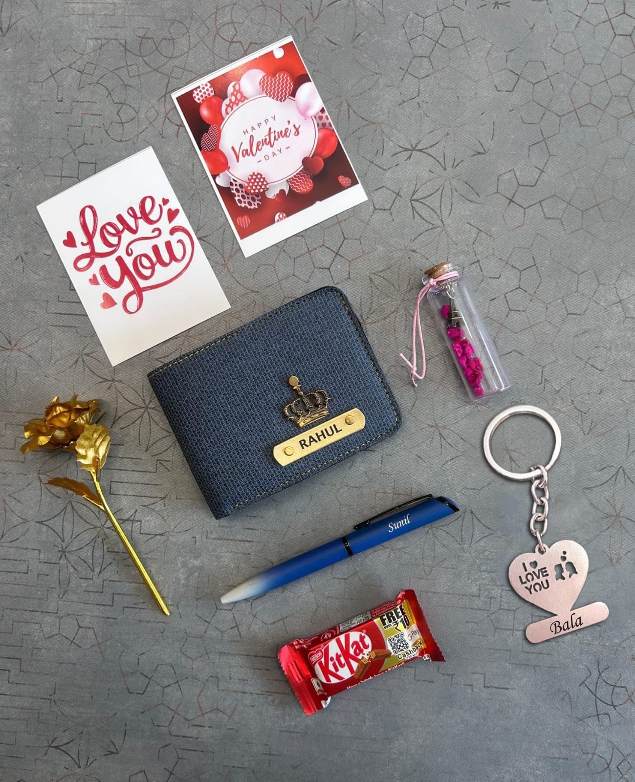 personalised denim wallet keychain rose chocolate valentine combo personalised gift combo