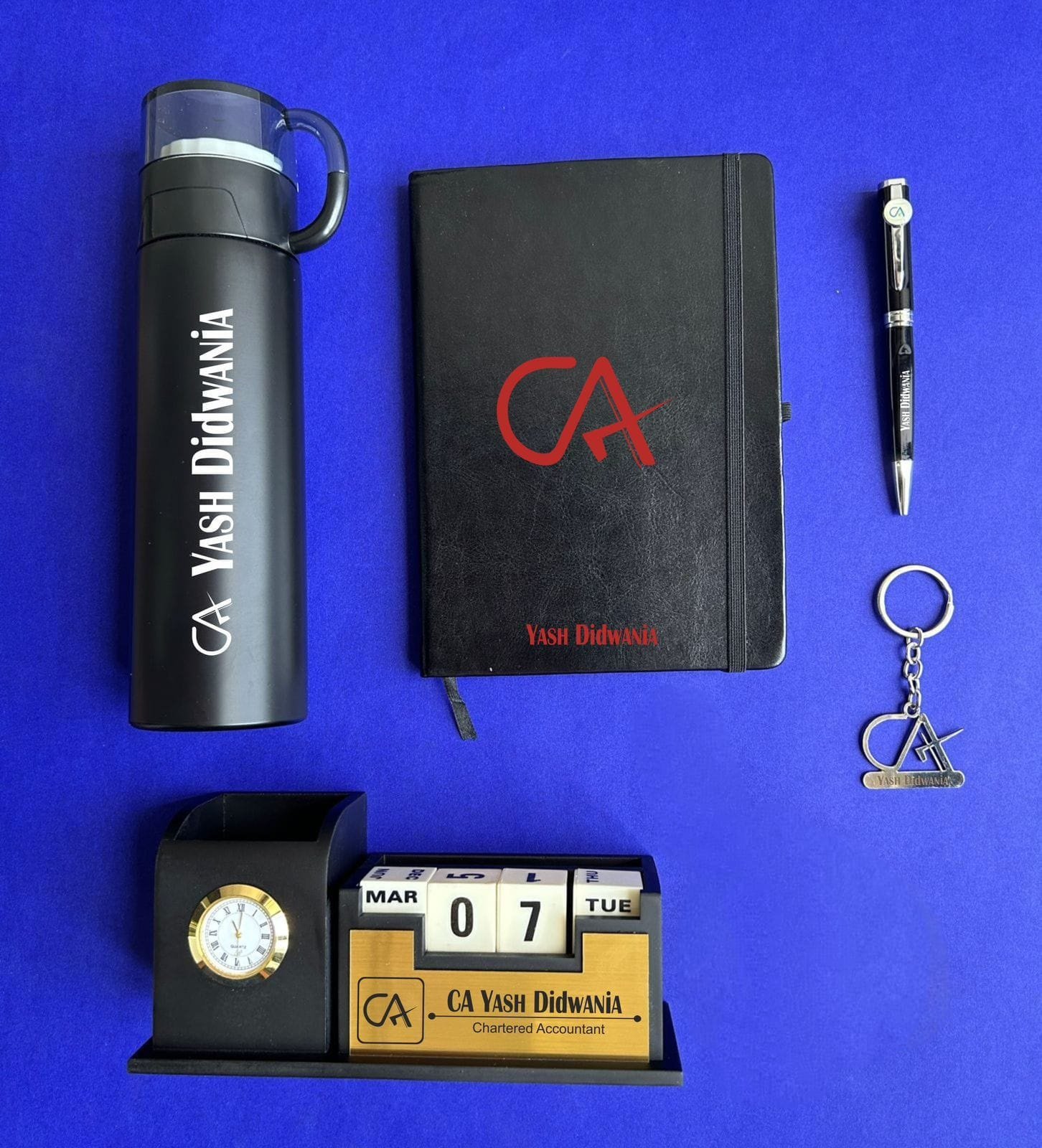 Personalised Desk Calendar & Pen Stand Combo with Diary & Watch | Office Birthday Gift for Him — personalised corporate bulk gift with logo engraving, India