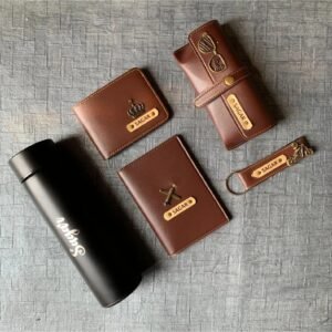 Personalised Faux Leather Wallet Combo with Temperature Bottle – 5-Piece Gift Set | Birthday Gift for Husband Boyfriend