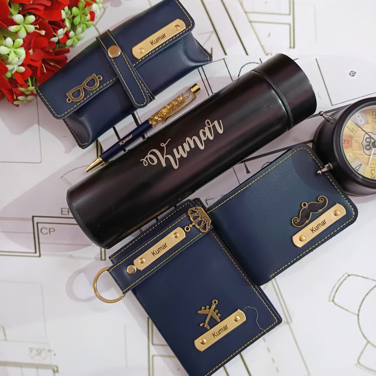 personalised faux leather wallet temperature bottle pen combo personalised gift combo