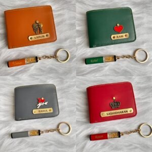 Personalised gold flake keychain gift combo with name engraving
