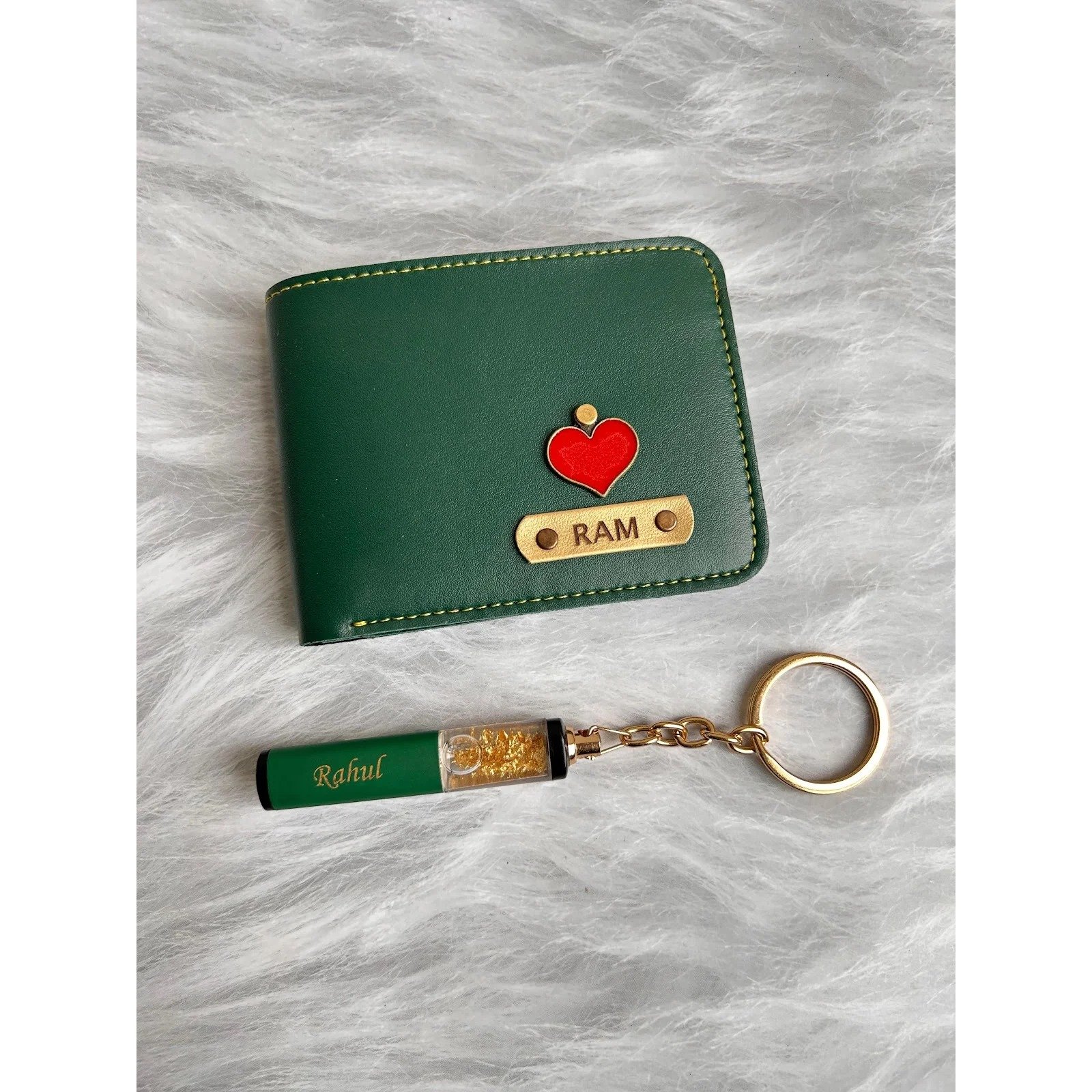 Personalised gold flake keychain gift combo with name engraving 2