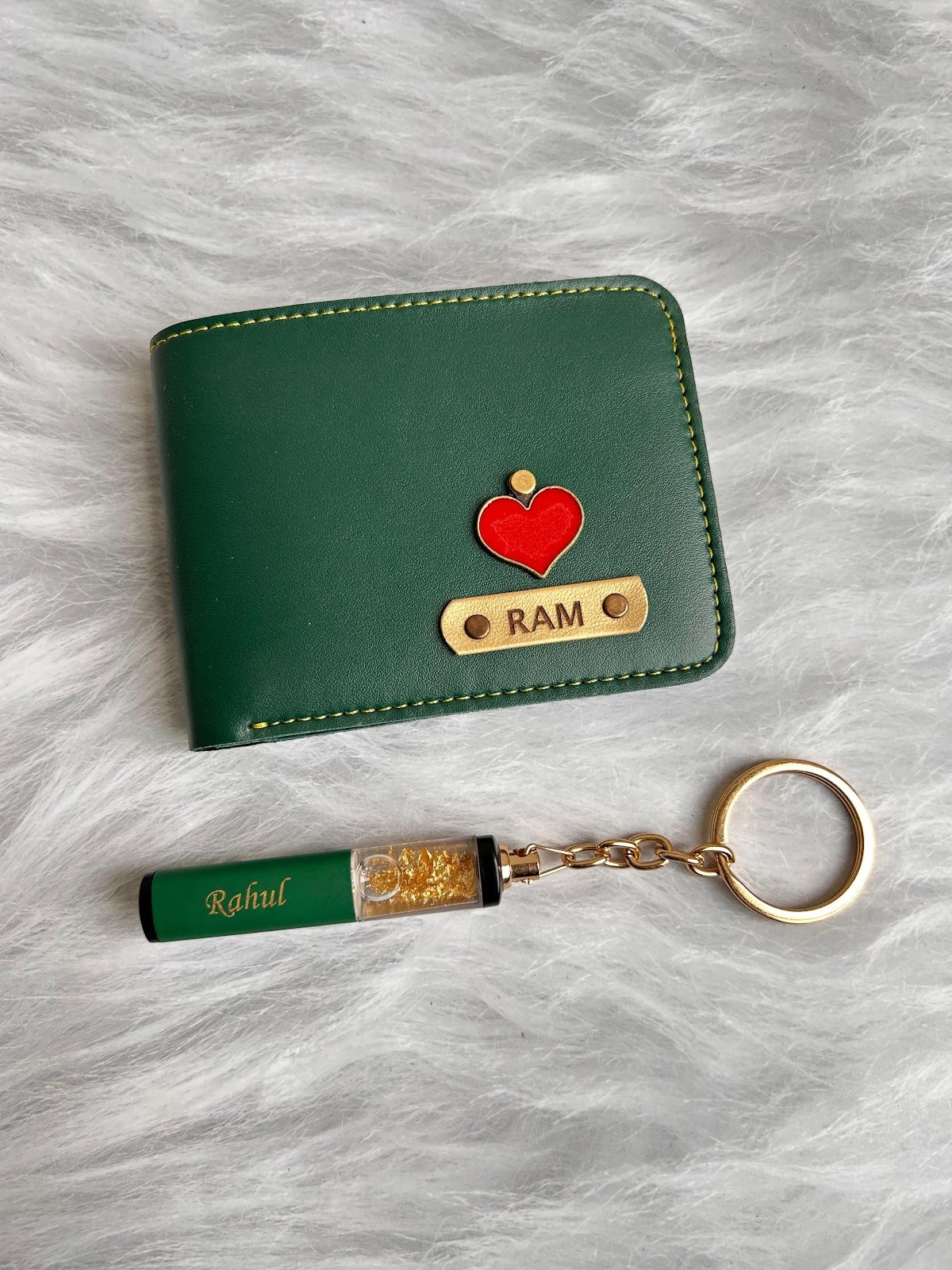 Personalised gold flake keychain gift combo with name engraving