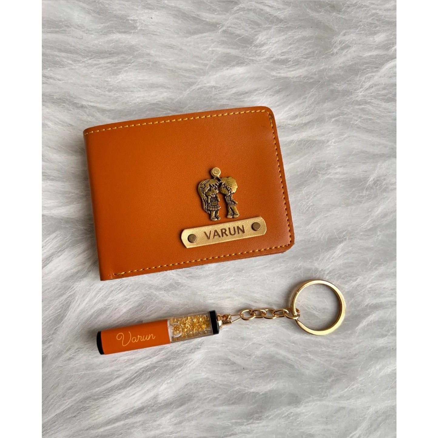 Personalised gold flake keychain gift combo with name engraving 3