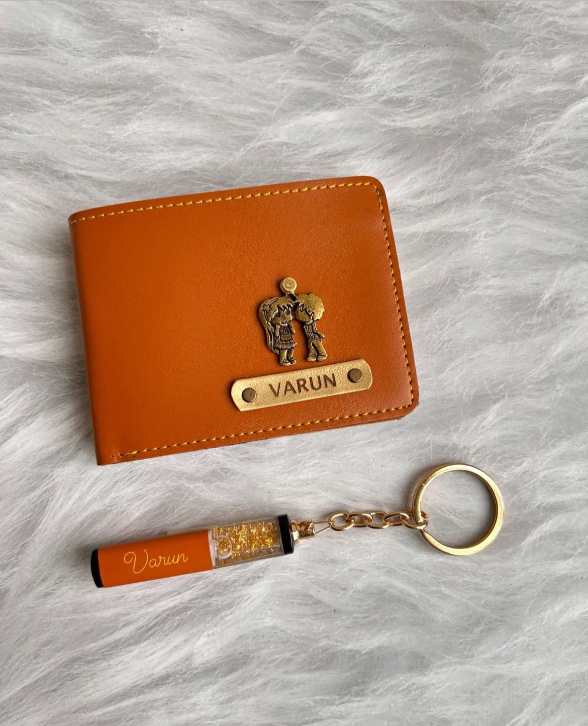 Personalised gold flake keychain gift combo with name engraving