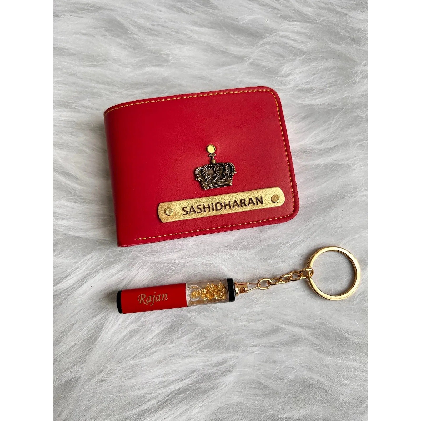 Personalised gold flake keychain gift combo with name engraving 4