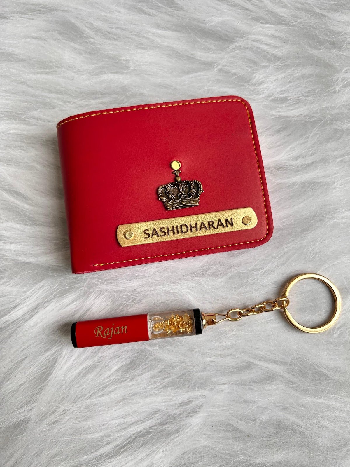 Personalised gold flake keychain gift combo with name engraving