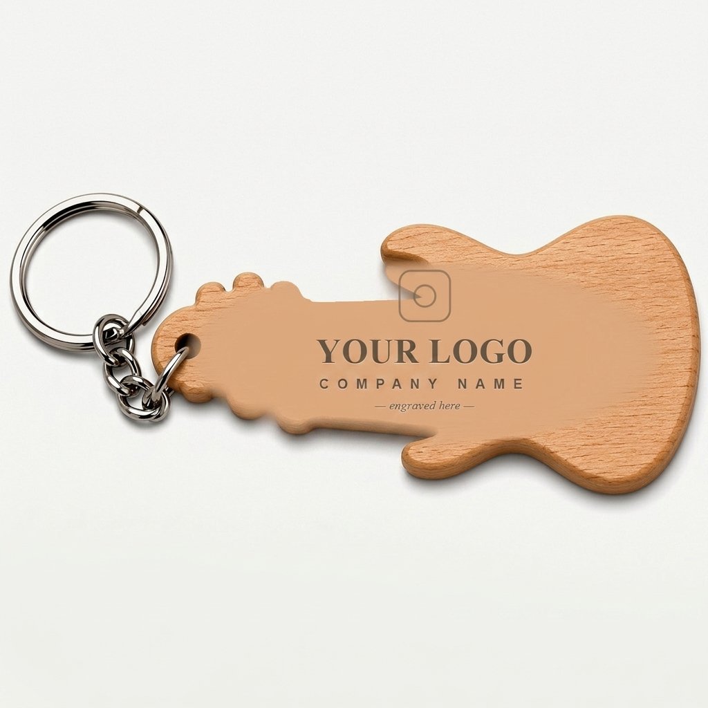 Personalised Guitar-Shape Wooden Logo Keychain — Corporate Bulk Gift — gift-ready presentation suitable for special occasions