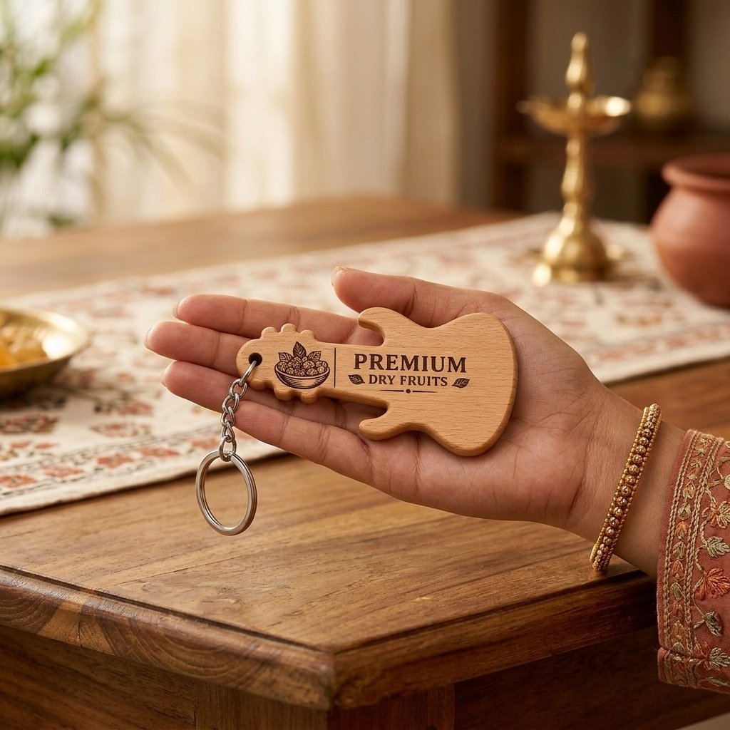 Personalised Guitar-Shape Wooden Logo Keychain — Corporate Bulk Gift — lifestyle photo in real gifting setting