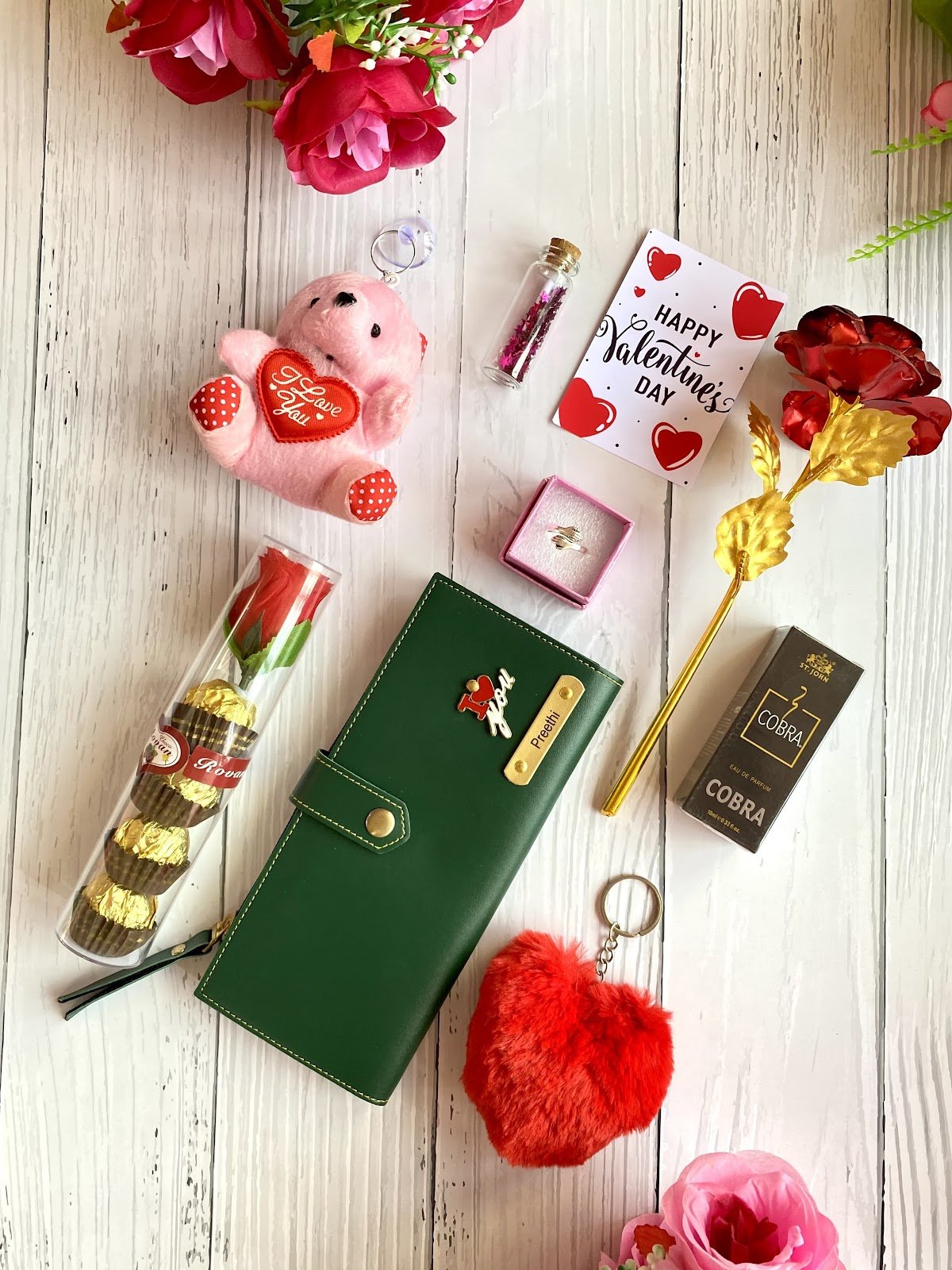 Personalised Ladies Wallet, Card Holder, Ring & Rose Gift Combo | Birthday Anniversary Gift for Her Women — personalised corporate bulk gift with logo engraving, India