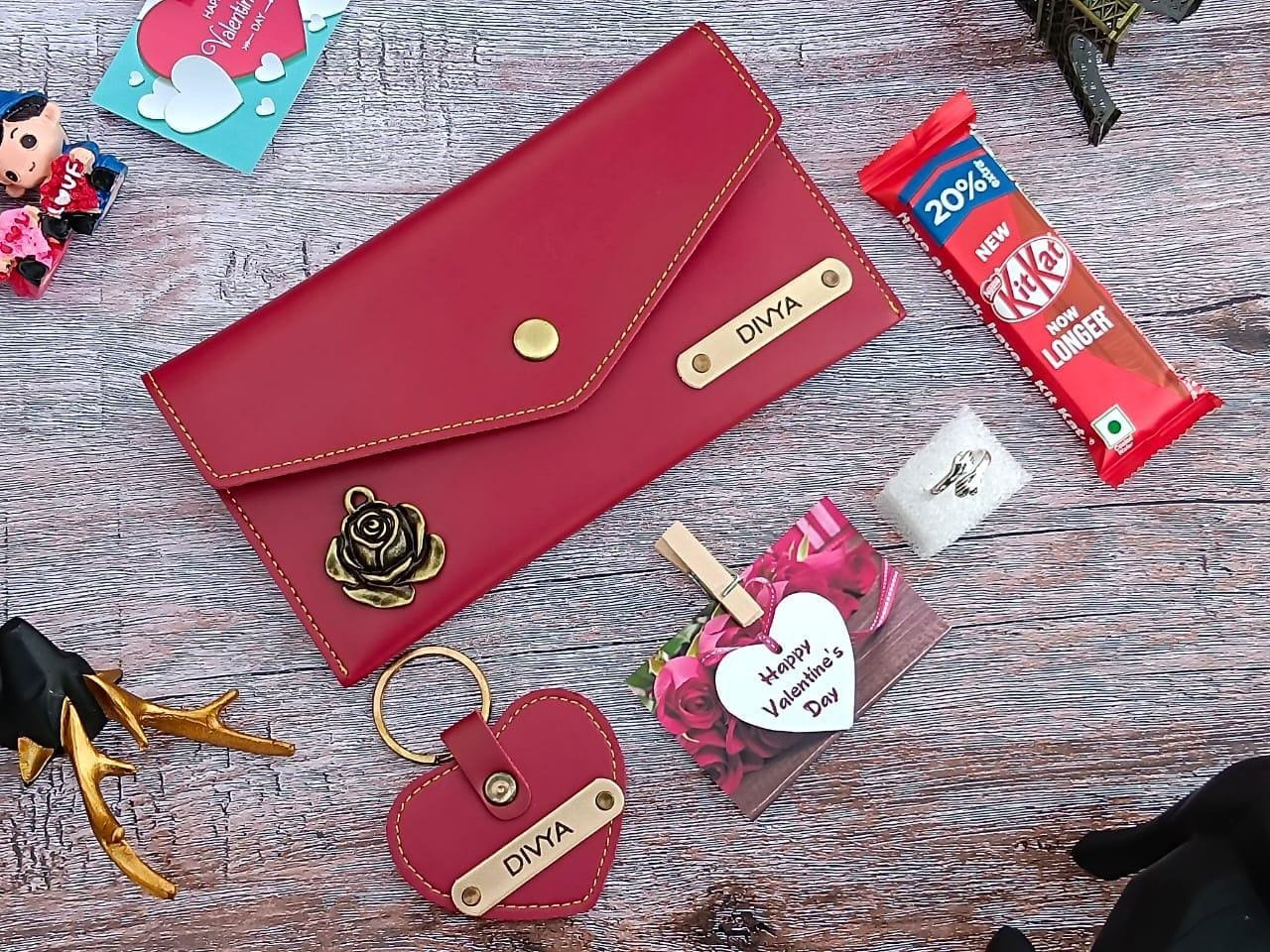 Personalised Ladies Wallet Clutch, Heart Keychain, Ring & Card Gift Combo | Birthday Anniversary Gift for Her Women — personalised corporate bulk gift with logo engraving, India