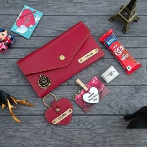 Personalised Ladies Wallet Clutch, Heart Keychain, Ring & Card Gift Combo — gift-ready presentation suitable for special occasions