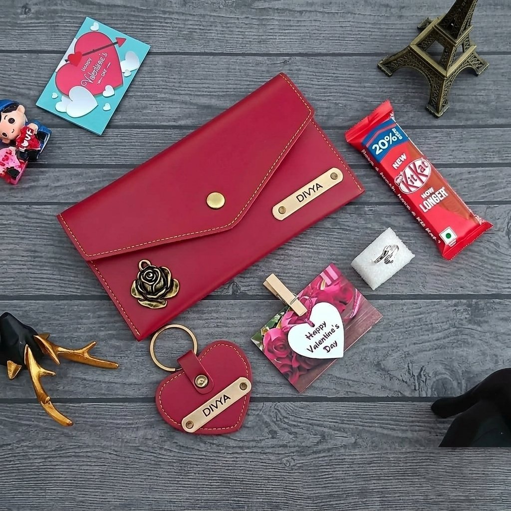 Personalised Ladies Wallet Clutch, Heart Keychain, Ring & Card Gift Combo — gift-ready presentation suitable for special occasions