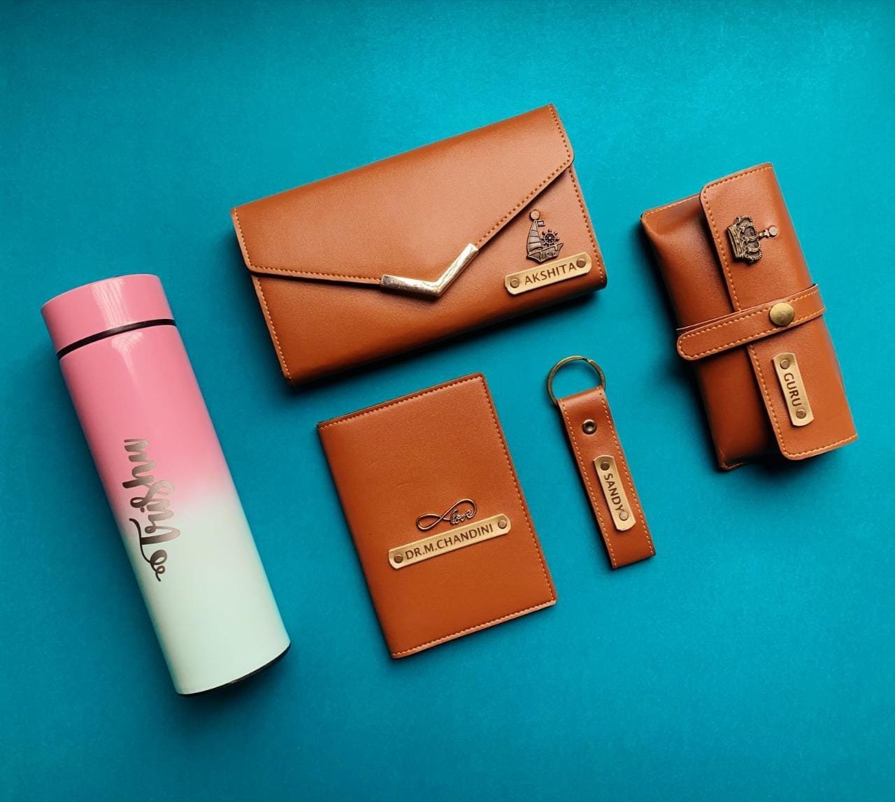 Personalised Ladies Wallet, Sunglasses, Keychain, Passport Holder & Bottle – 5-Piece Gift Combo | Gift for Her Women — personalised corporate bulk gift with logo engraving, India