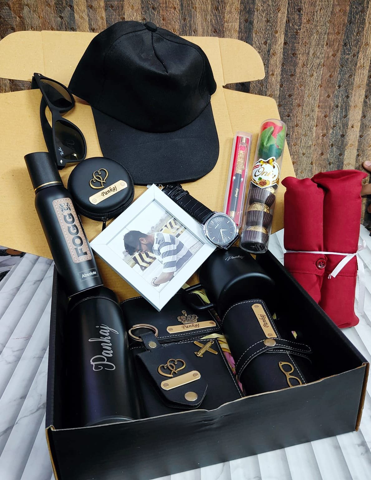 Personalised Men's 15-Piece Premium Gift Hamper – Bottle, Mug, Wallet, Cap, Watch & Perfume | Birthday Anniversary Gift for Husband Boyfriend — personalised corporate bulk gift with logo engraving, India