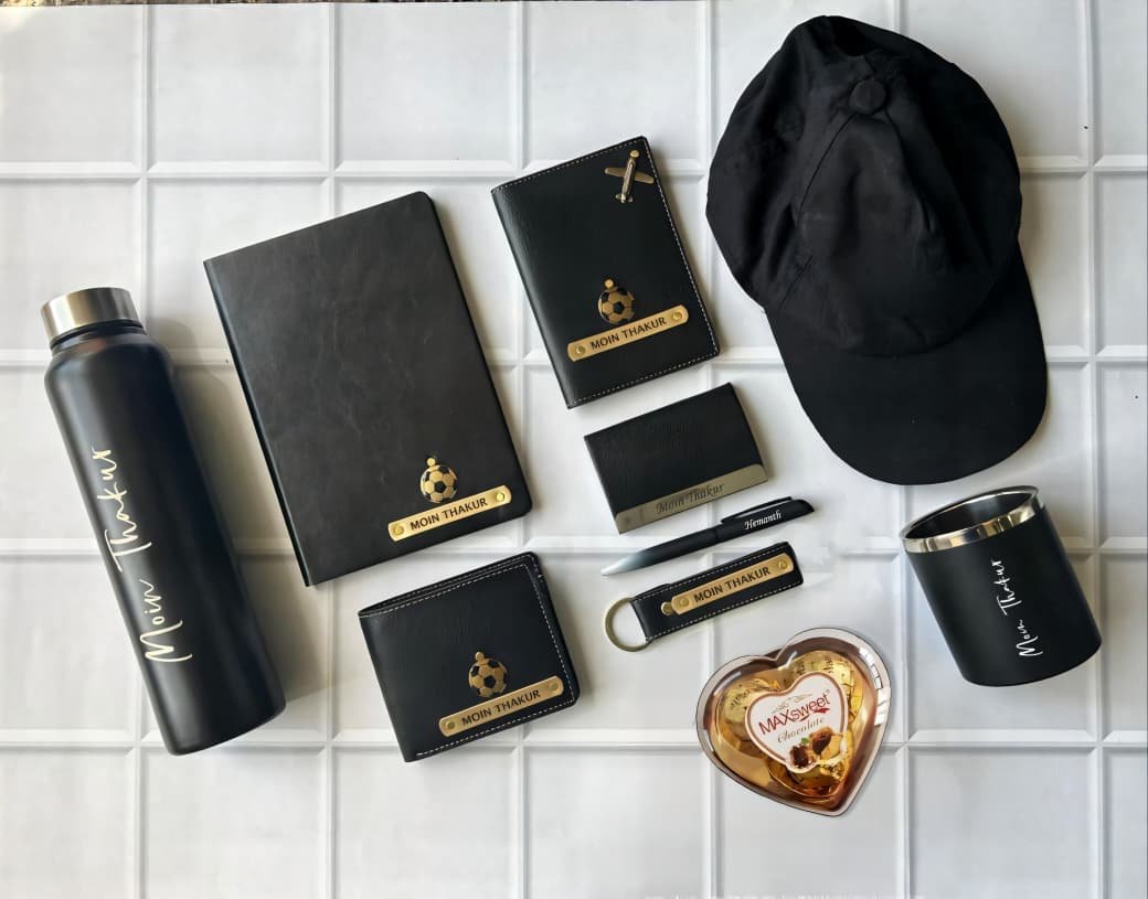 Personalised Men's Bottle, Diary, Wallet, Cap & Card Holder Gift Hamper | Birthday Gift for Husband Boyfriend — personalised corporate bulk gift with logo engraving, India