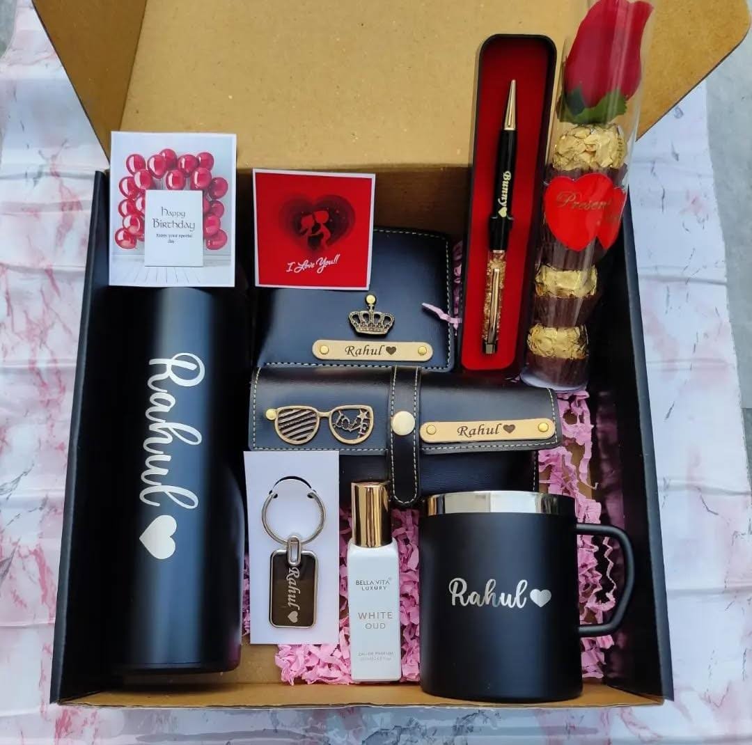 Personalised Men's Bottle, Mug, Perfume, Sunglasses & Rose Gift Hamper | Birthday Gift for Husband Boyfriend — personalised corporate bulk gift with logo engraving, India