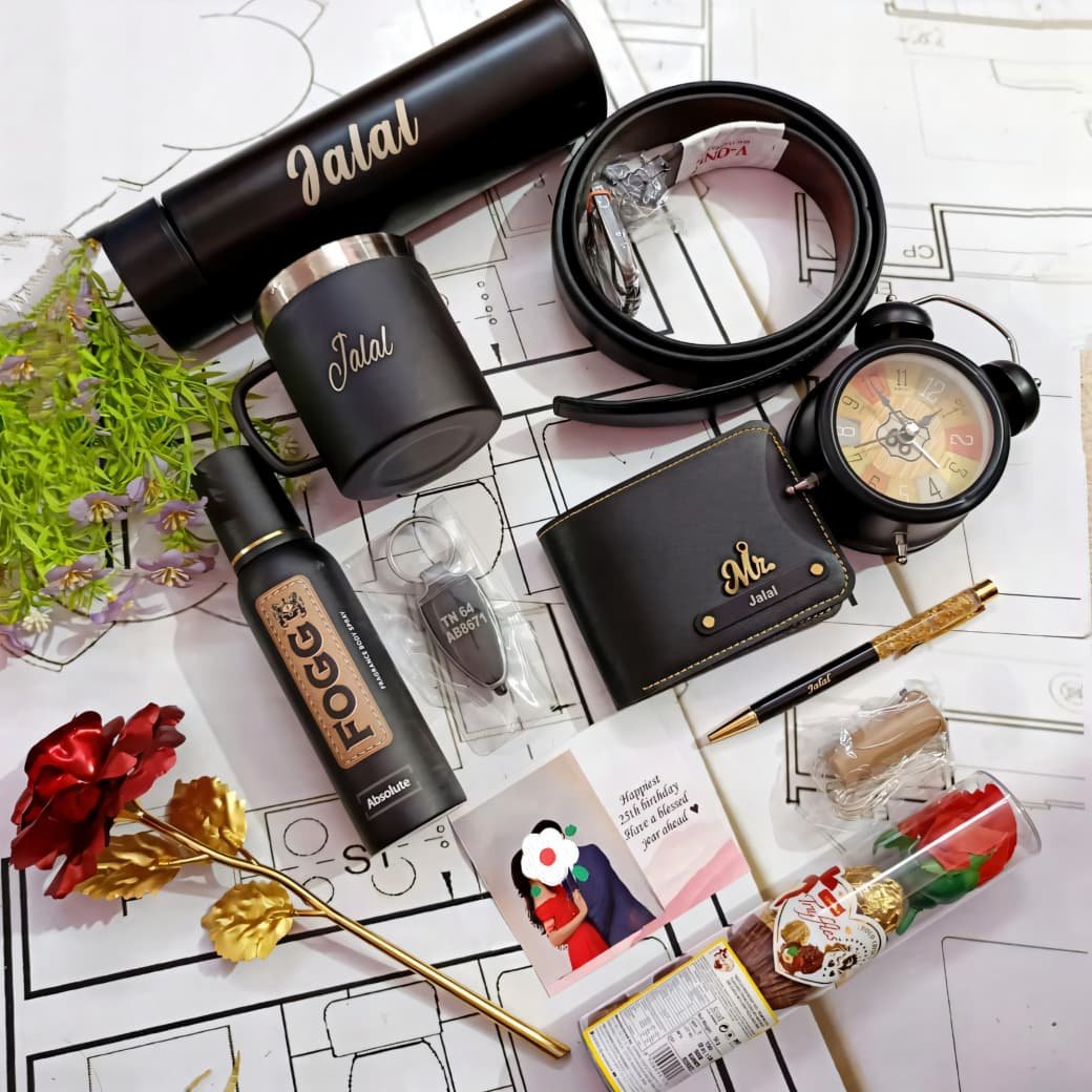 personalised mens bottle mug wallet antique watch belt gift hamper personalised gift combo