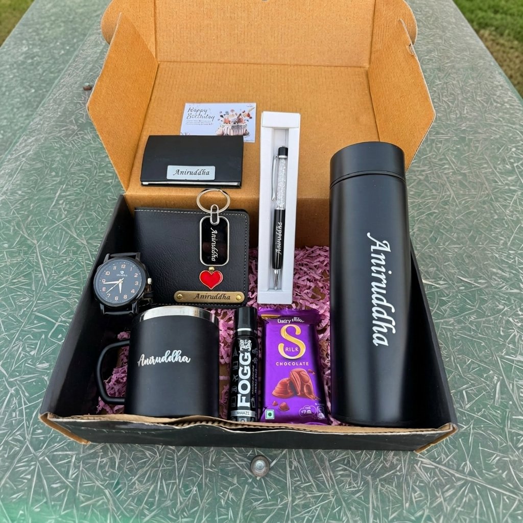 Personalised Men's Bottle, Mug, Watch, Pen & Perfume Gift Hamper — gift-ready presentation suitable for special occasions