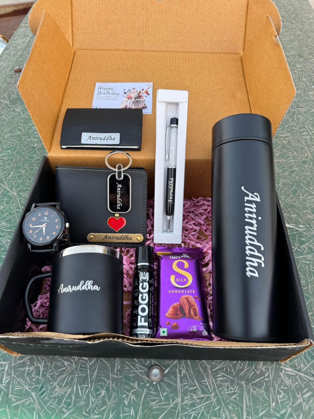 Personalised Men's Bottle, Mug, Watch, Pen & Perfume Gift Hamper | Birthday Gift for Husband Boyfriend — personalised corporate bulk gift with logo engraving, India