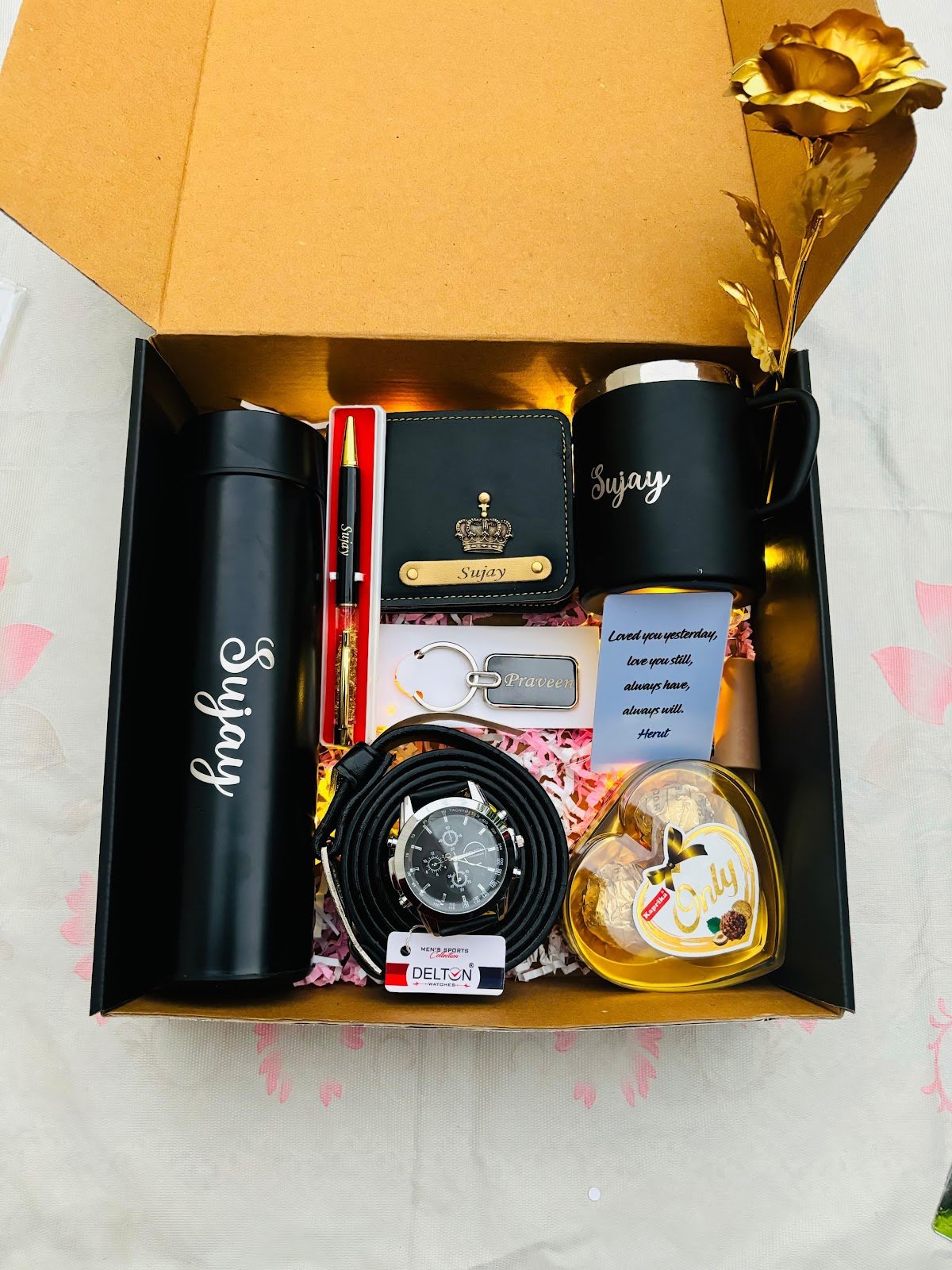 Personalised Men's Bottle, Perfume, Wallet, Watch & Rose Gift Hamper | Birthday Gift for Husband Boyfriend — personalised corporate bulk gift with logo engraving, India