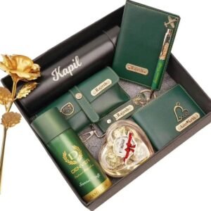Personalised Men's Green Diary, Bottle, Gold Rose & Pen Combo | Birthday Anniversary Gift for Husband Boyfriend