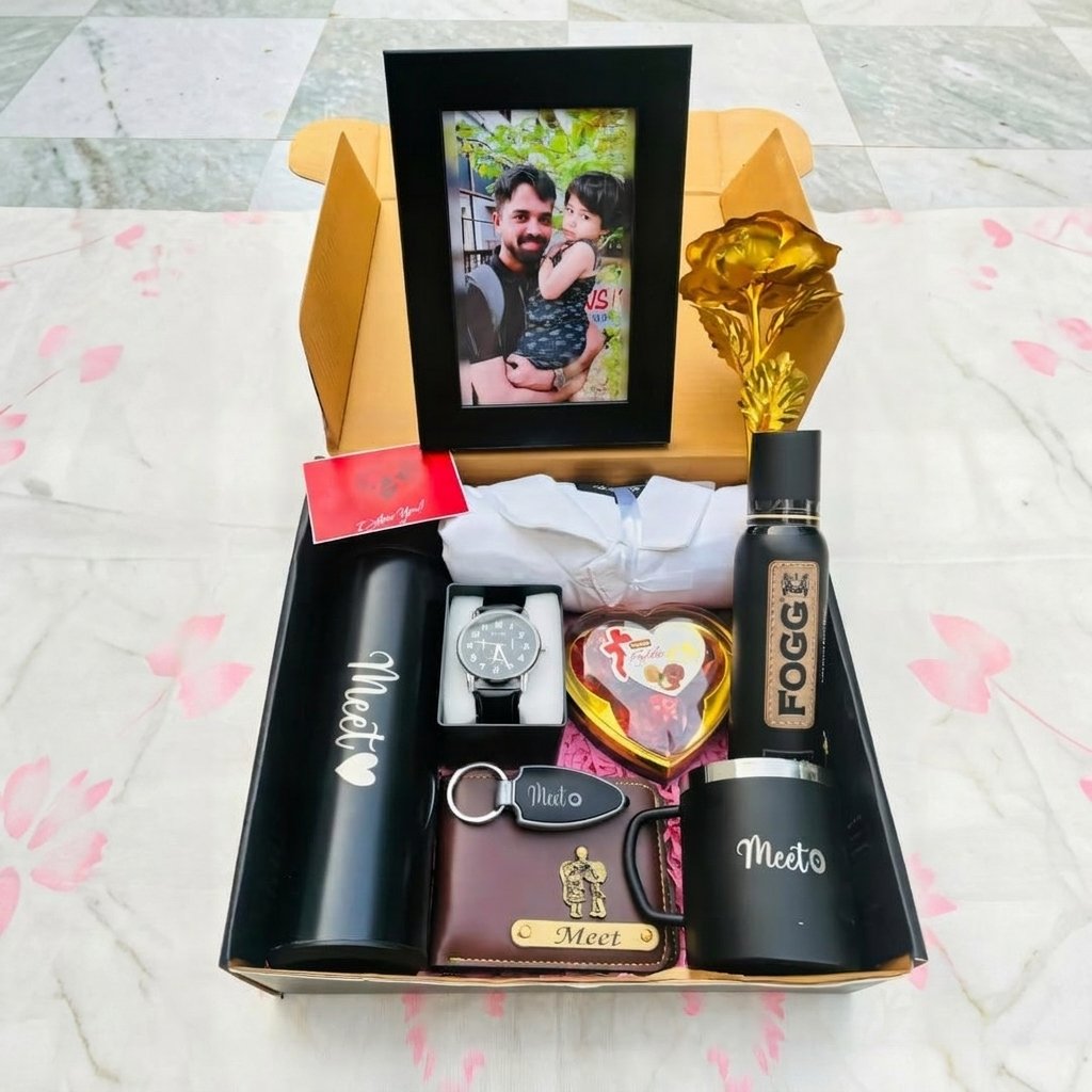 Personalised Men's Photo Frame, Bottle, Wallet, Watch & Shirt Gift Hamper — gift-ready presentation suitable for special occasions