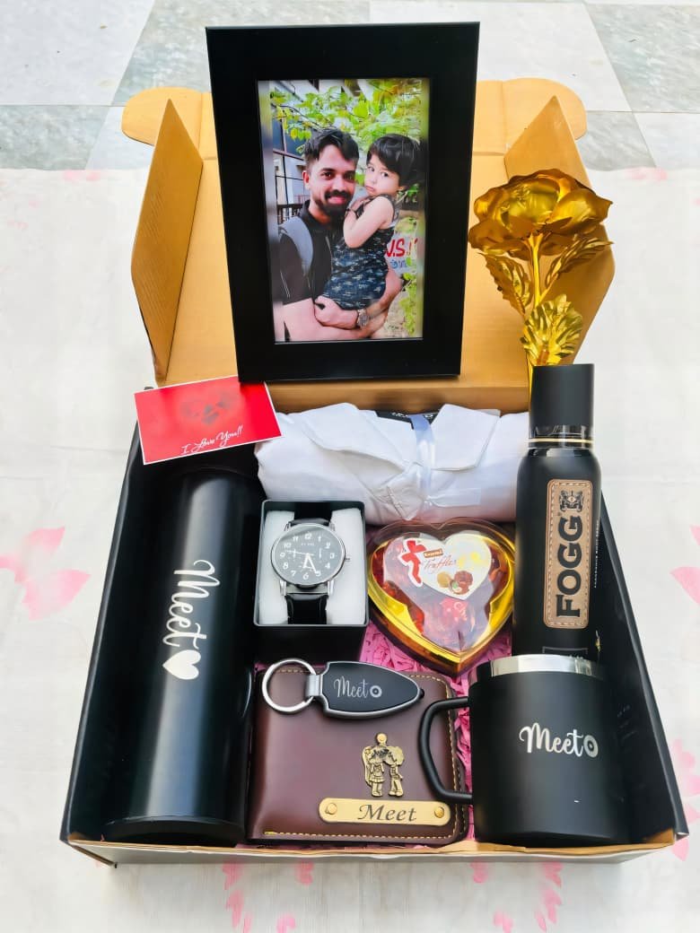 Personalised Men's Photo Frame, Bottle, Wallet, Watch & Shirt Gift Hamper | Birthday Anniversary Gift for Husband Boyfriend — personalised corporate bulk gift with logo engraving, India