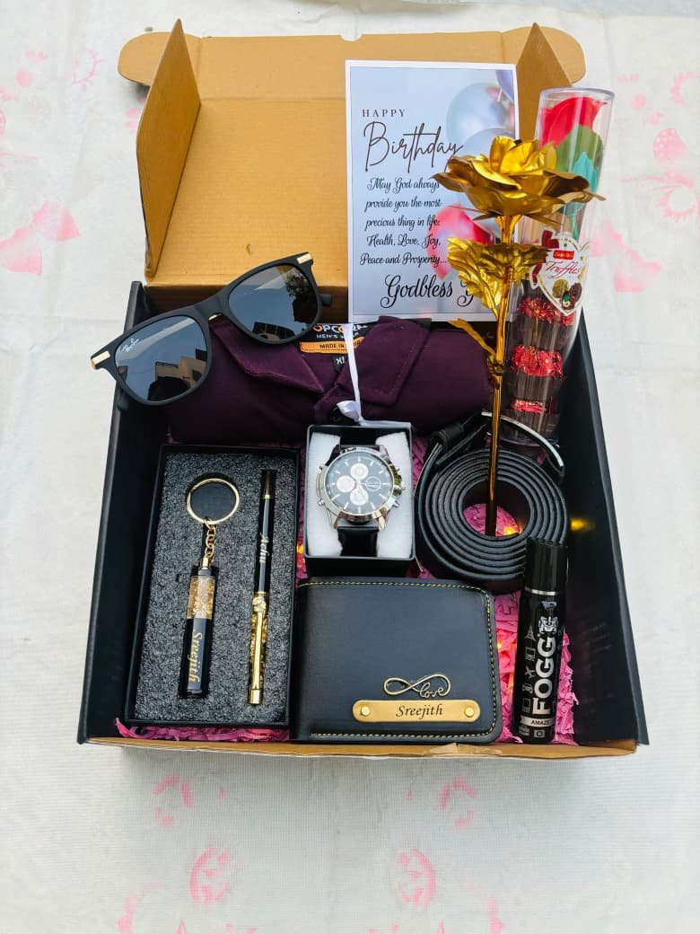 Personalised Men's Shirt, Wallet, Watch, Belt & Sunglasses Gift Hamper | Birthday Gift for Husband Boyfriend — personalised corporate bulk gift with logo engraving, India