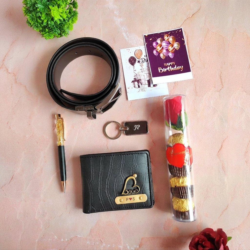 Personalised Men's Wallet, Belt, Keychain & Pen 7-Piece Gift Combo — gift-ready presentation suitable for special occasions