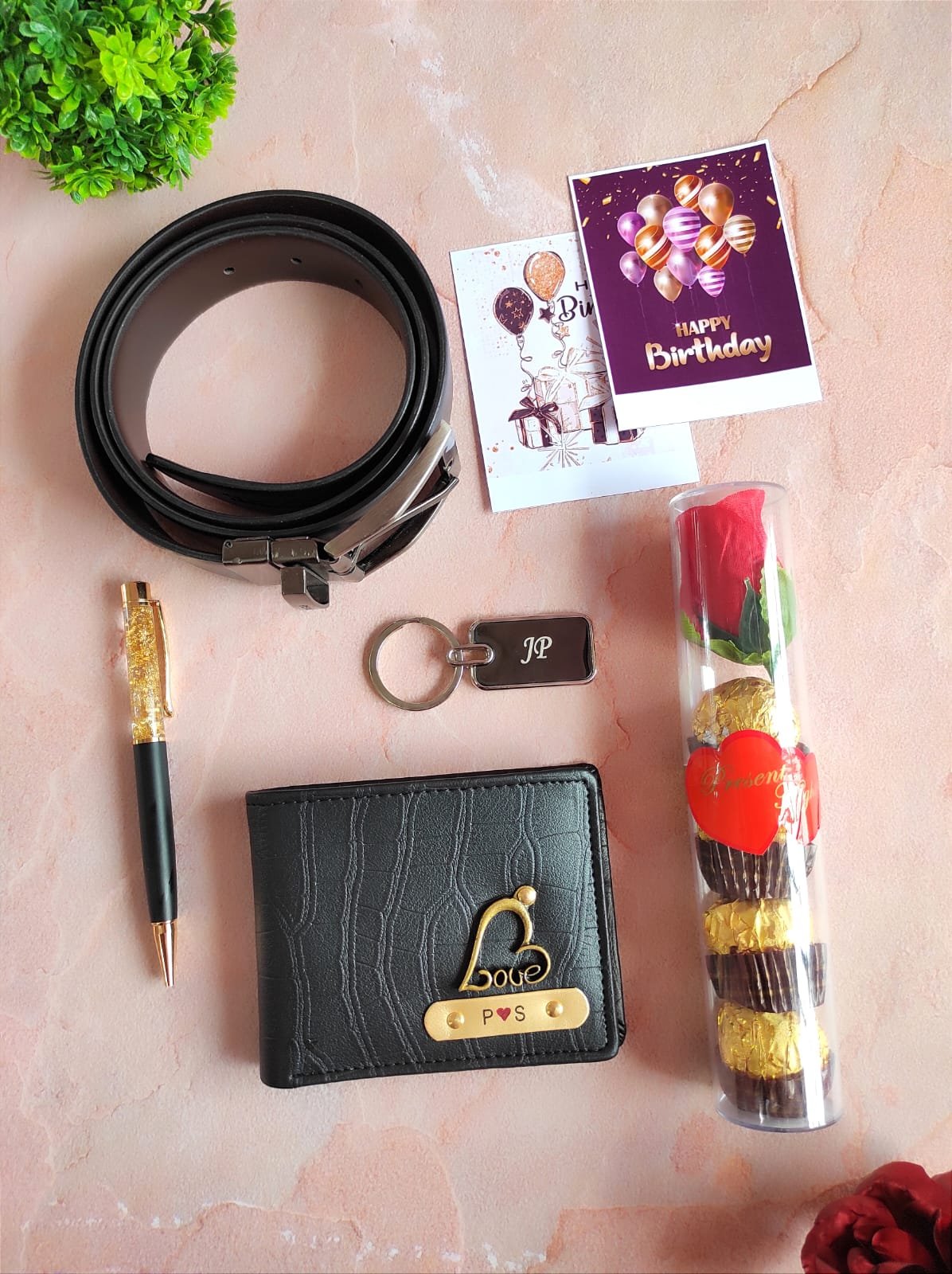 Personalised Men's Wallet, Belt, Keychain & Pen 7-Piece Gift Combo | Birthday Gift for Husband Boyfriend — personalised corporate bulk gift with logo engraving, India