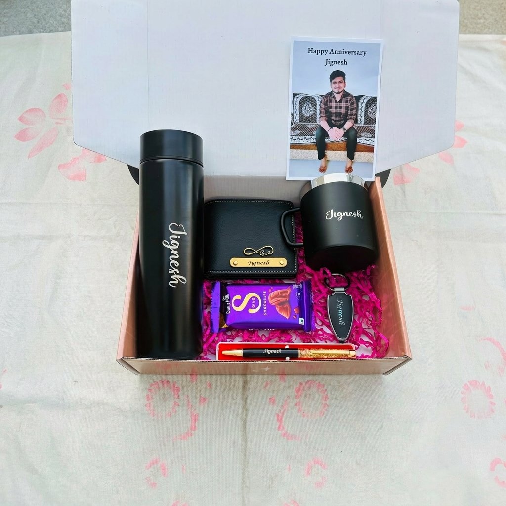 Personalised Men's Wallet, Bottle & Chocolate Gift Hamper — gift-ready presentation suitable for special occasions