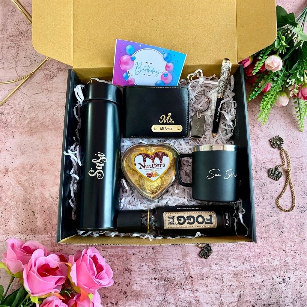 Personalised Men's Wallet, Bottle & Heart Photo Locket Gift Box — gift-ready presentation suitable for special occasions
