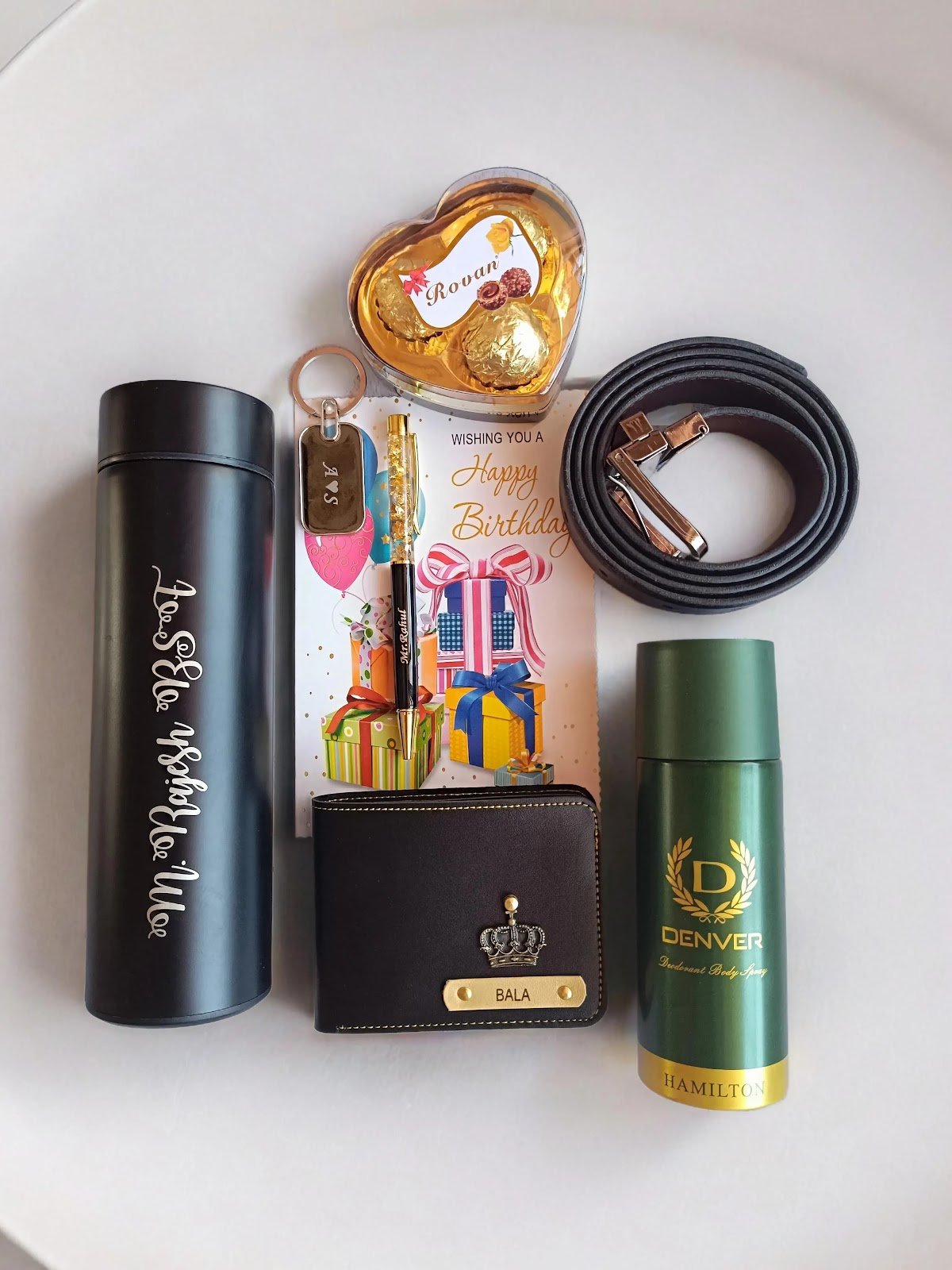 Personalised Men's Wallet, Bottle & Belt Gift Combo | Birthday Gift for Husband Boyfriend — personalised corporate bulk gift with logo engraving, India