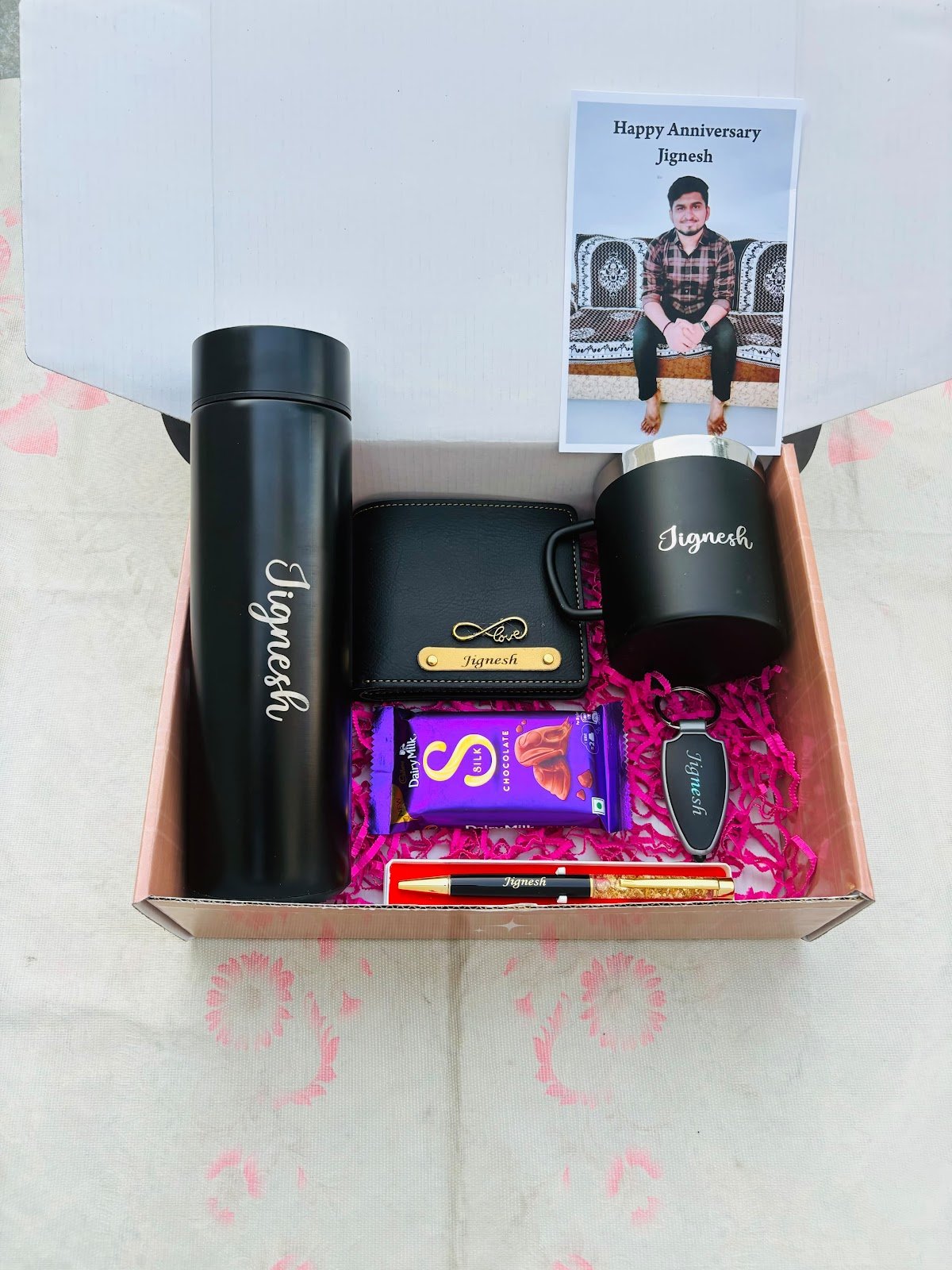 Personalised Men's Wallet, Bottle & Chocolate Gift Hamper | Birthday Anniversary Gift for Husband Boyfriend — personalised corporate bulk gift with logo engraving, India