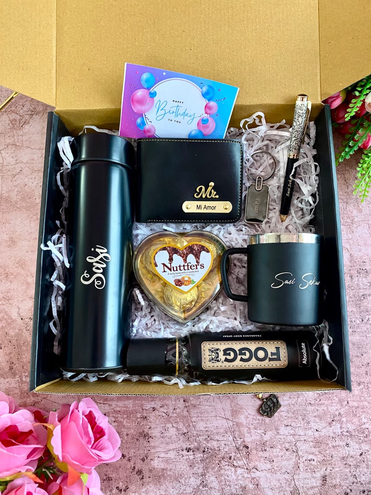 Personalised Men's Wallet, Bottle & Heart Photo Locket Gift Box | Birthday Anniversary Gift for Husband Boyfriend — personalised corporate bulk gift with logo engraving, India