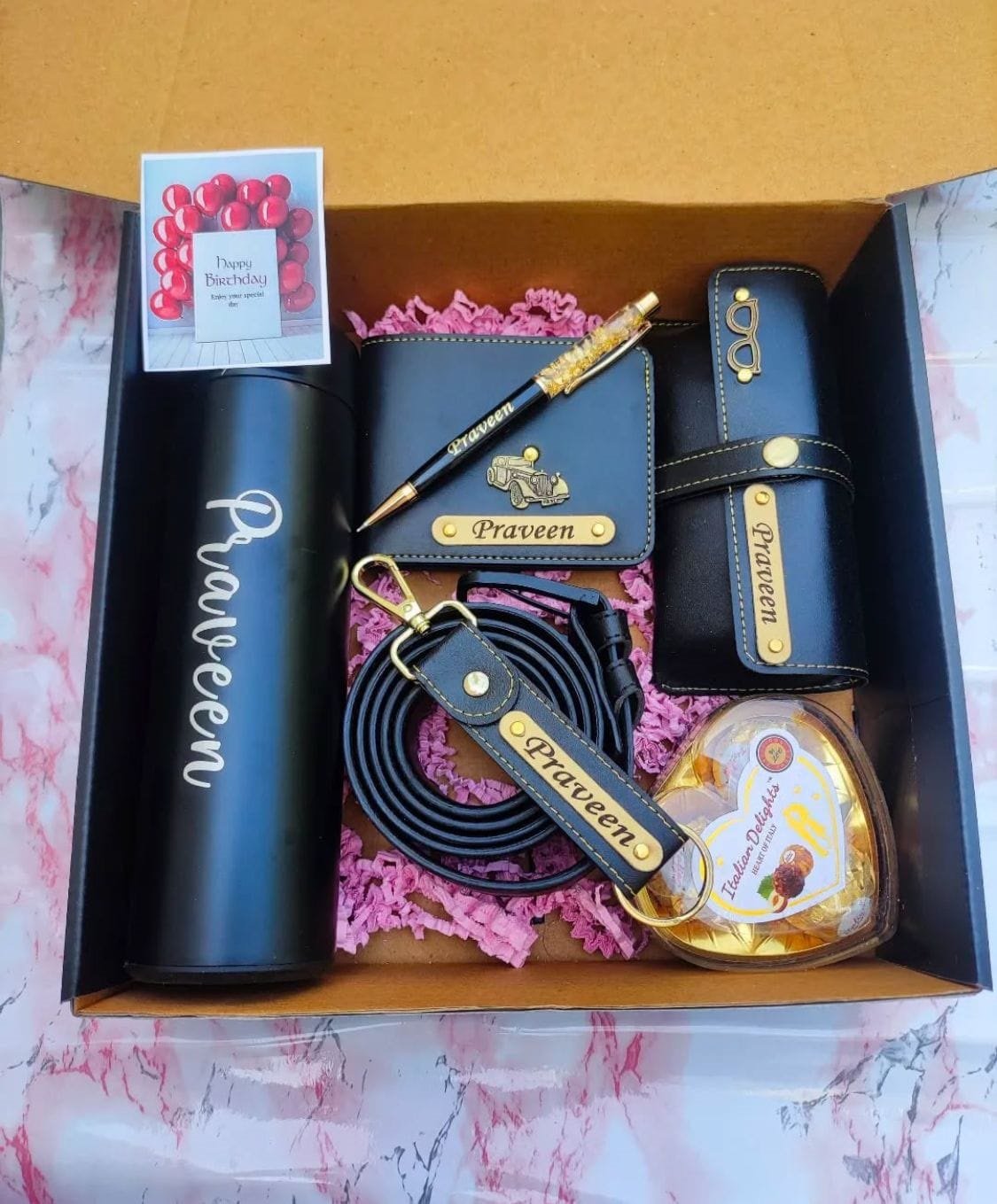 Personalised Men's Wallet, Bottle, Pen & Watch Gift Box | Birthday Gift for Husband Boyfriend — personalised corporate bulk gift with logo engraving, India