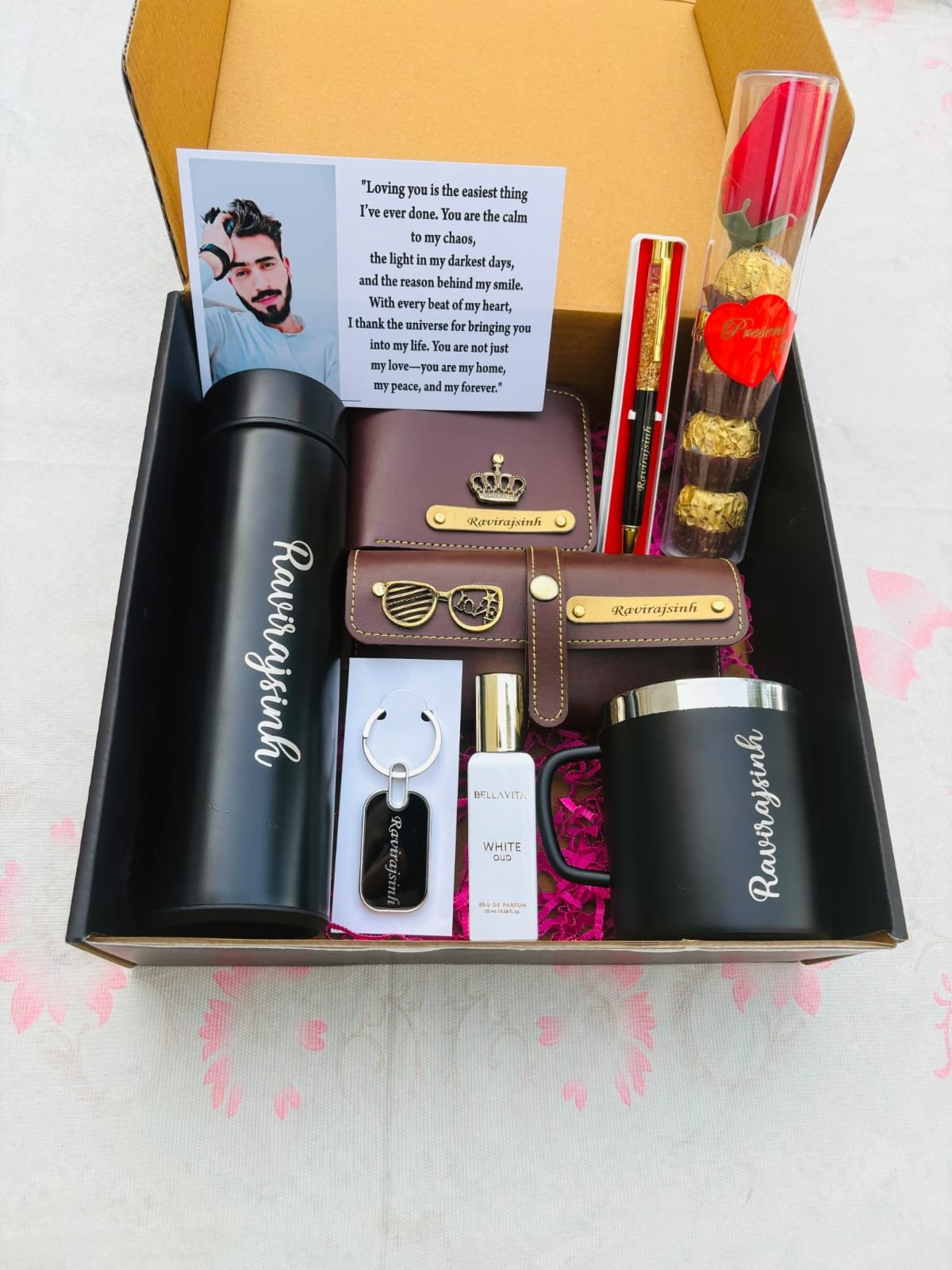 Personalised Men's Wallet, Bottle, Perfume & Pen Gift Hamper | Birthday Gift for Husband Boyfriend — personalised corporate bulk gift with logo engraving, India