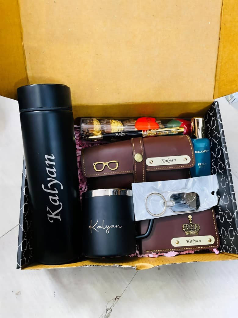 Personalised Men's Wallet, Temperature Bottle & Watch Gift Hamper | Birthday Anniversary Gift for Husband Boyfriend — personalised corporate bulk gift with logo engraving, India