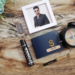 Personalised mens leather wallet, pen, keychain, perfume and white photo frame gift combo