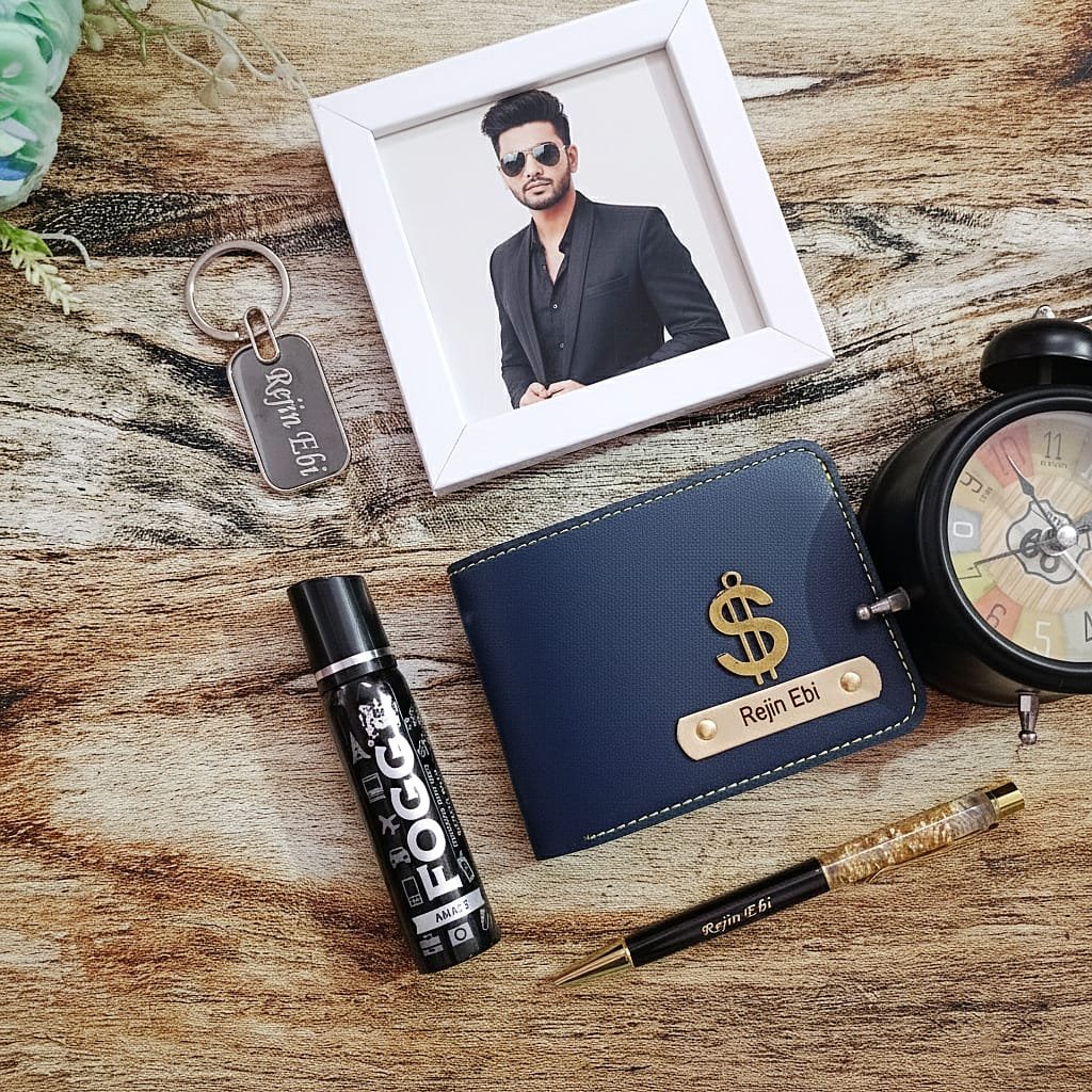 Personalised mens leather wallet, pen, keychain, perfume and white photo frame gift combo