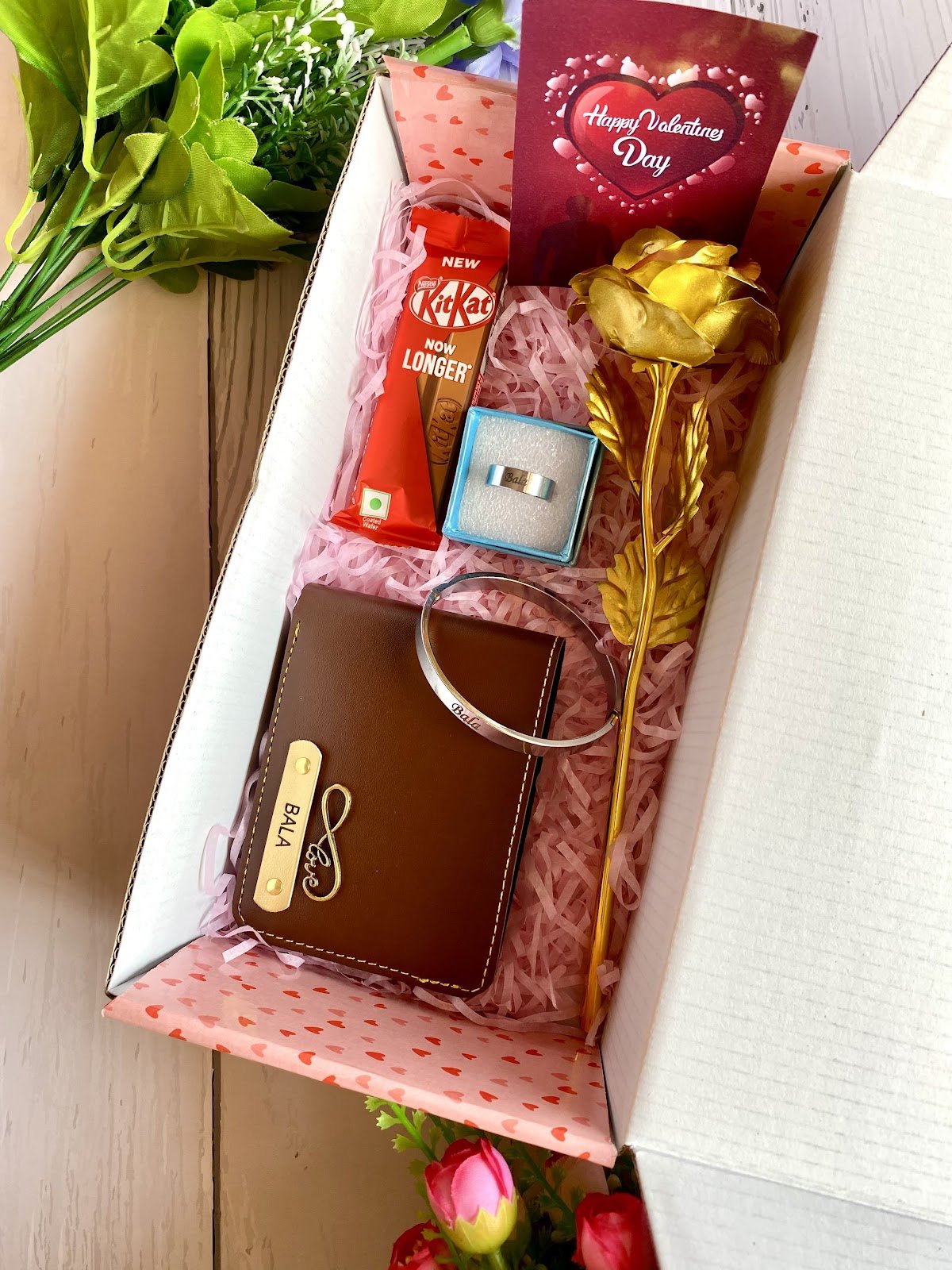 Personalised Men's Wallet, Rose & Chocolate Gift Combo | Valentine Birthday Gift for Husband Boyfriend — personalised corporate bulk gift with logo engraving, India