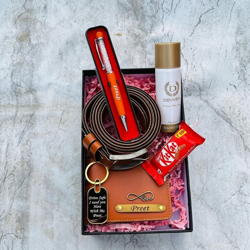 Personalised Men's Wallet, Temperature Bottle, Perfume & Chocolate Combo — gift-ready presentation suitable for special occasions