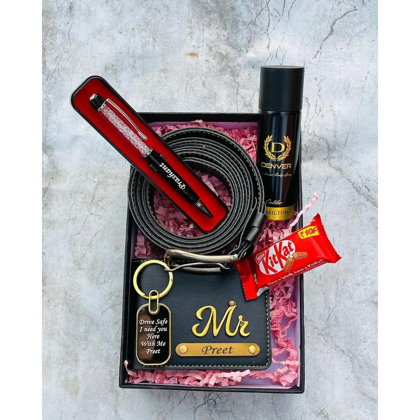 personalised mens wallet temperature bottle perfume chocolate combo 3