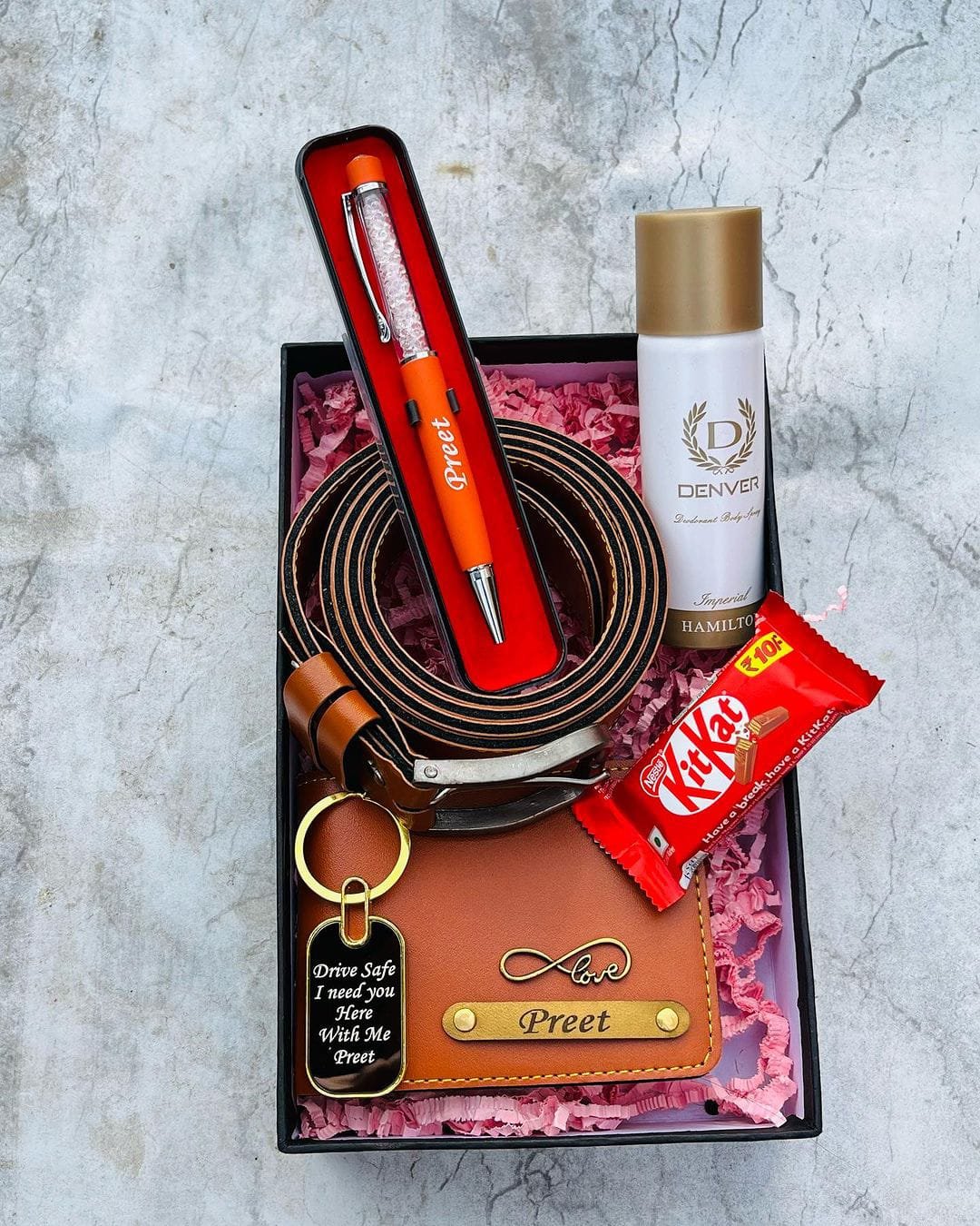 Personalised Men's Wallet, Temperature Bottle, Perfume & Chocolate Combo | Birthday Gift for Husband Boyfriend — personalised corporate bulk gift with logo engraving, India